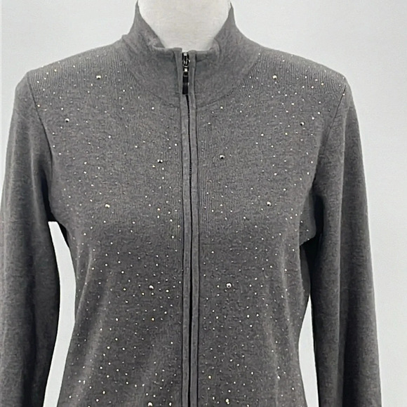 Vila Zip Front Mock Neck Studded Cardigan Sweater Heather Charcoal - NEW - Med. - Picture 2 of 7